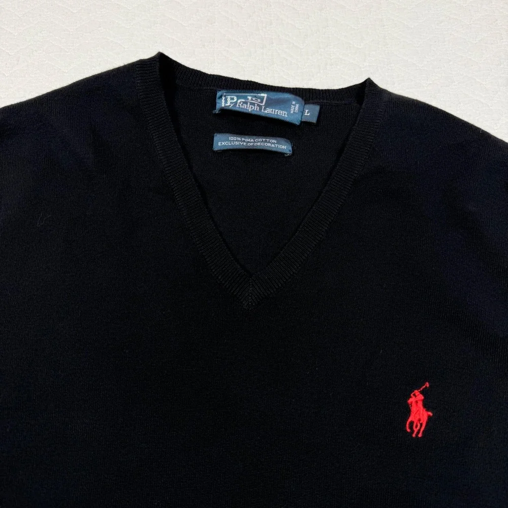 Polo Ralph Lauren Men Sweater Vest Large 100% Pima Cotton V-Neck Black Excellent